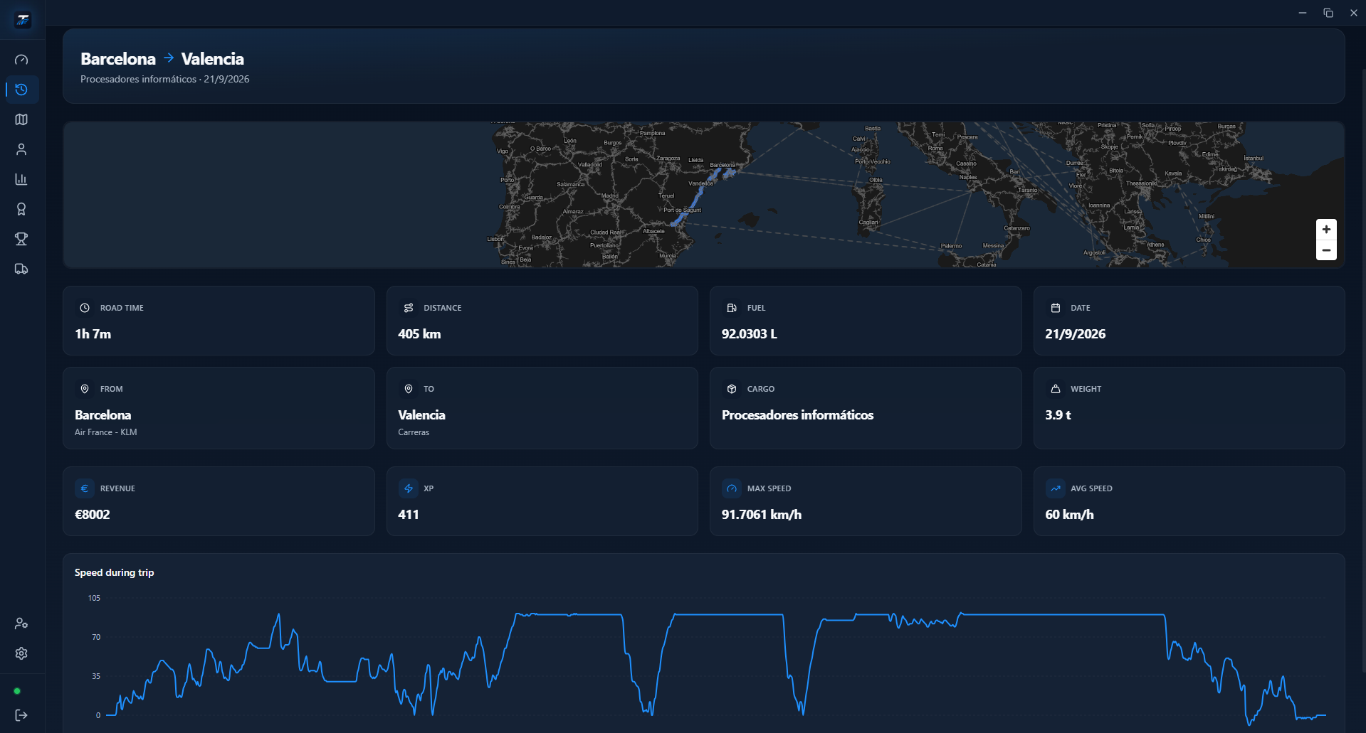 Trip History — screenshot of Truckly for ETS2 and ATS (2)